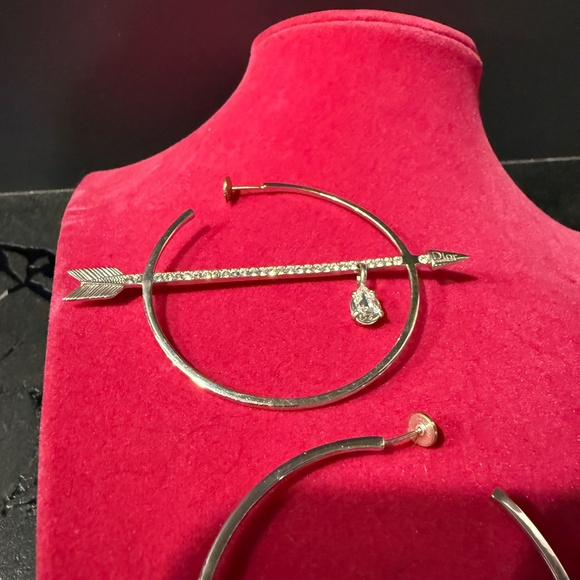 Bow and Arrow Silver Plate Large Hoops with Rhinestones - Picture 3 of 4